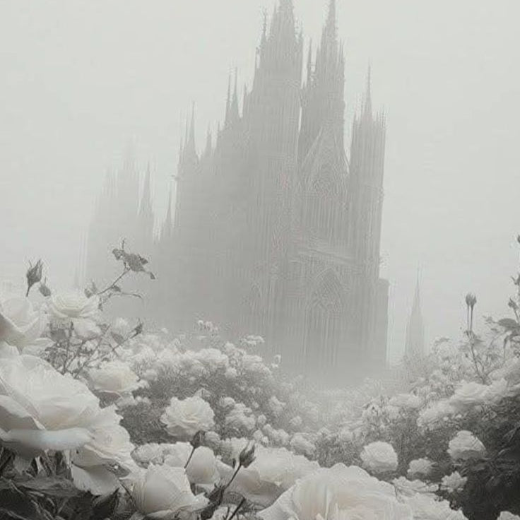 Foggy scene with a castle in the background and white flowers in the foreground